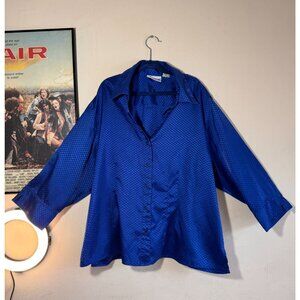 Vintage Joanna Royal Blue Satin Three Quarter Sleeve Button Up Blouse Size PXL